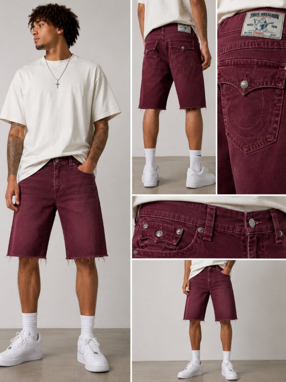 True Religion Men’s Denim Shorts 40 Burgundy Red Cut Off Raw Hem Y2K